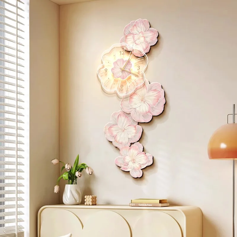 Lighting Home Decor Wall Clocks - ساعة حائط فاخرة بضوء زهرة وردي